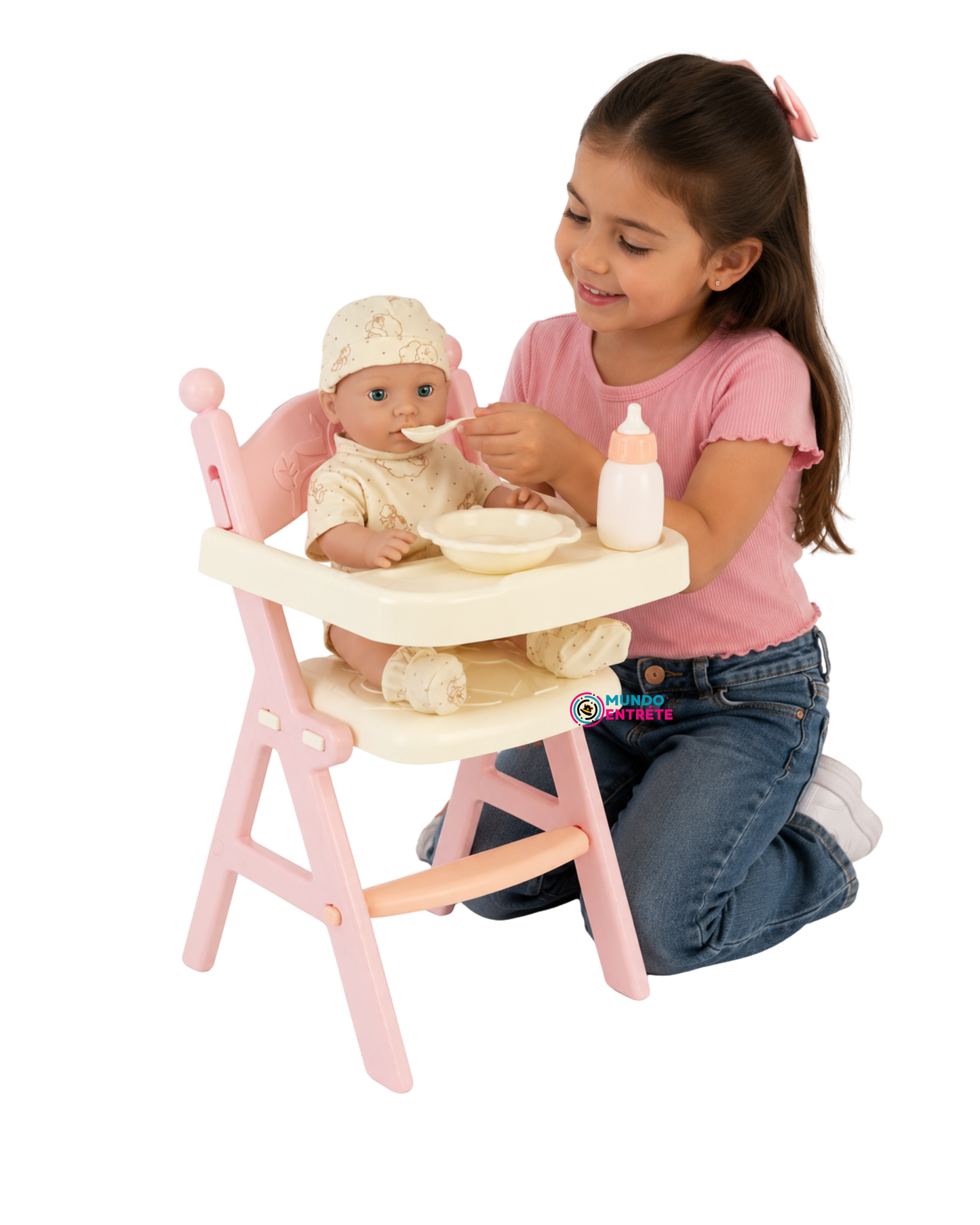 Muñeca Con Silla Para Comer Y Accesorios