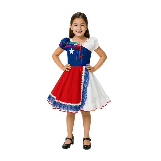 Vestido Huasa China Tricolor Bandera de Chile para Niñas