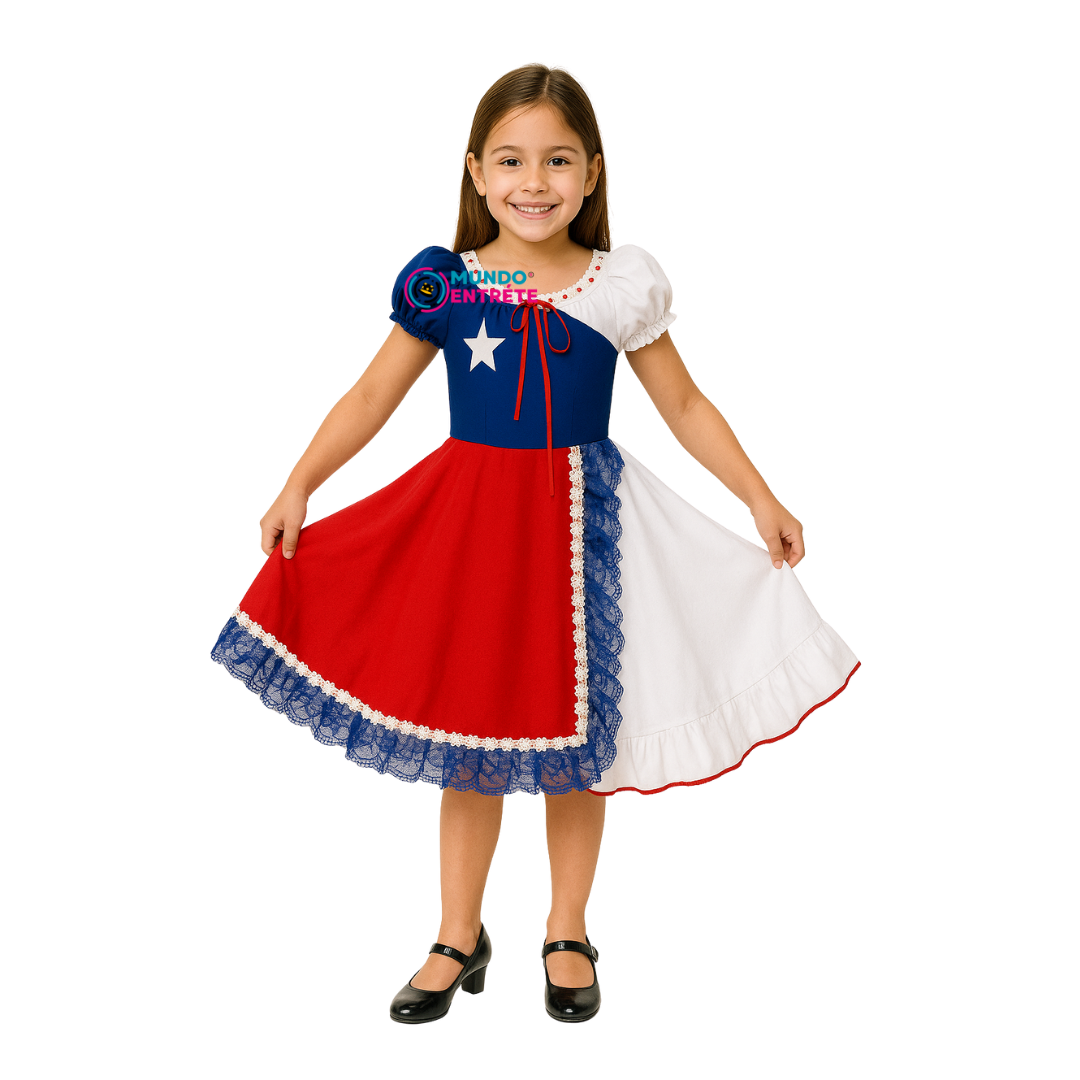 Vestido Huasa China Tricolor Bandera de Chile para Niñas