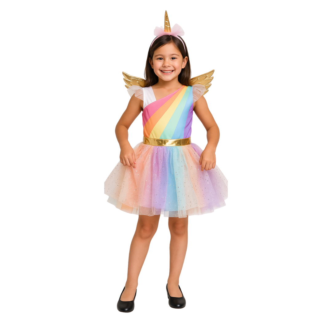 Disfraz De Unicornio Para Niña Vestido Con Alas + Diadema