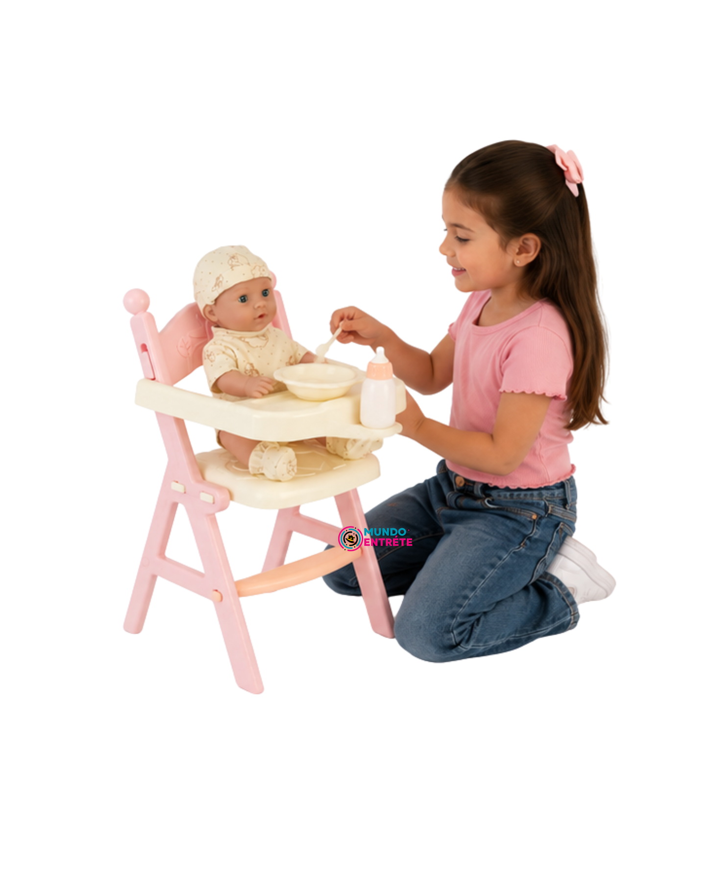 Muñeca Con Silla Para Comer Y Accesorios