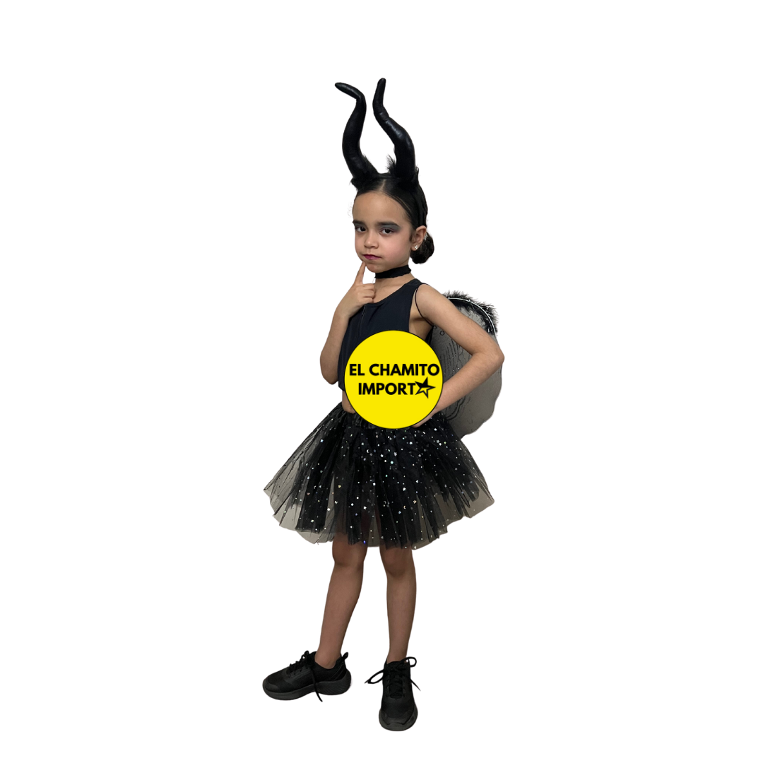 Disfraz Maléfica Niña Tutú Glitter +cuernos + Alas Halloween