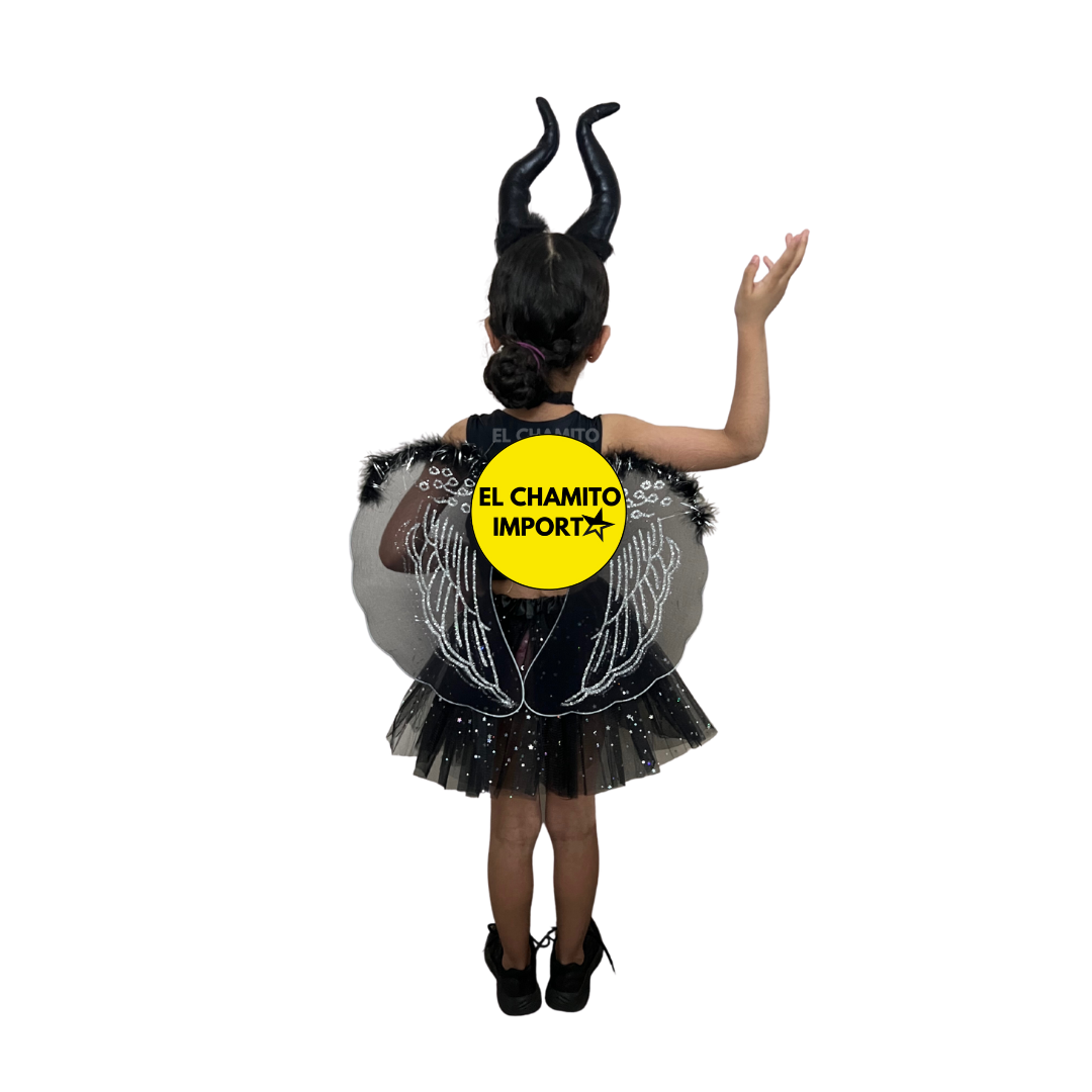 Disfraz Maléfica Niña Tutú Glitter +cuernos + Alas Halloween