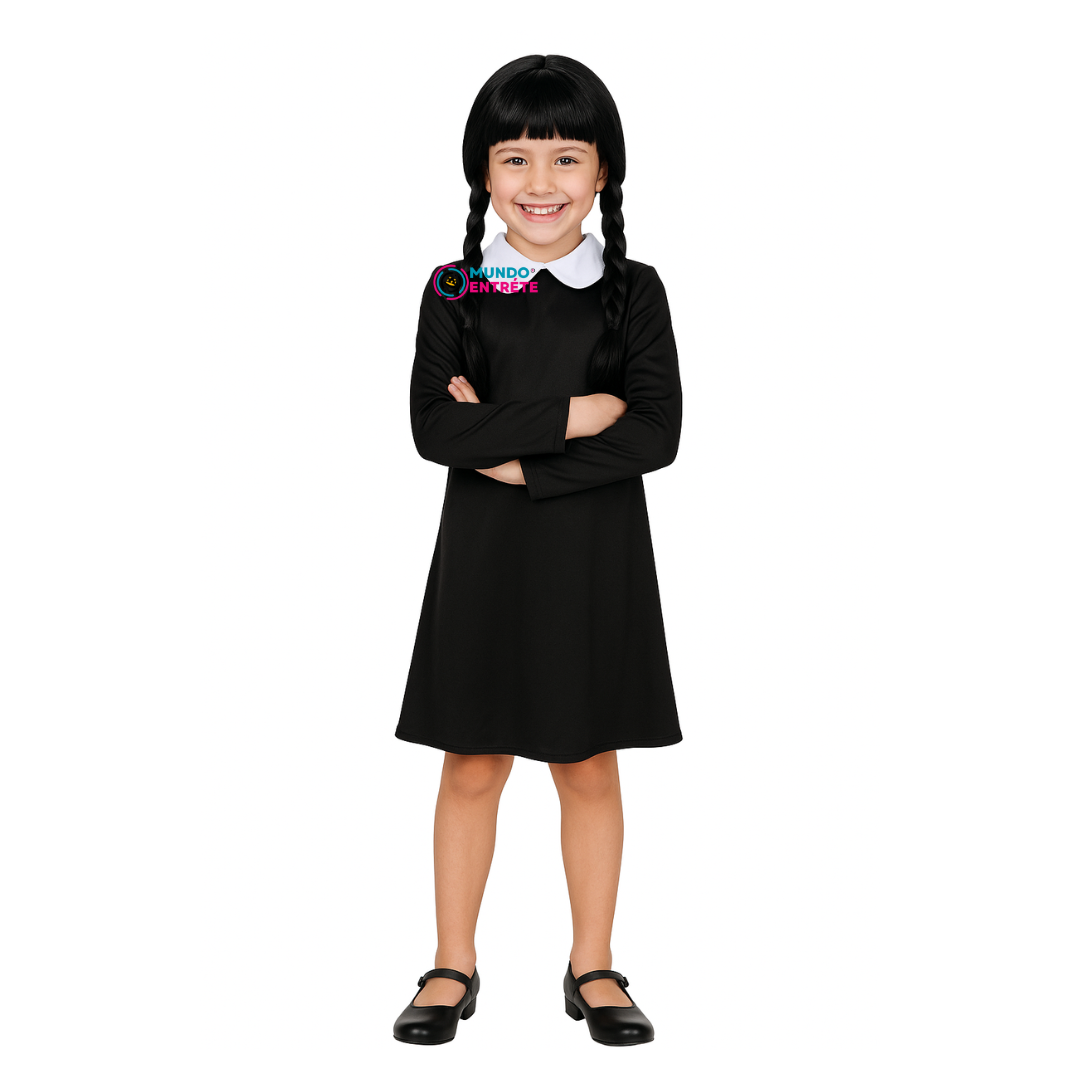 Disfraz  Merlina Vestido Clasico + Peluca Para Niña