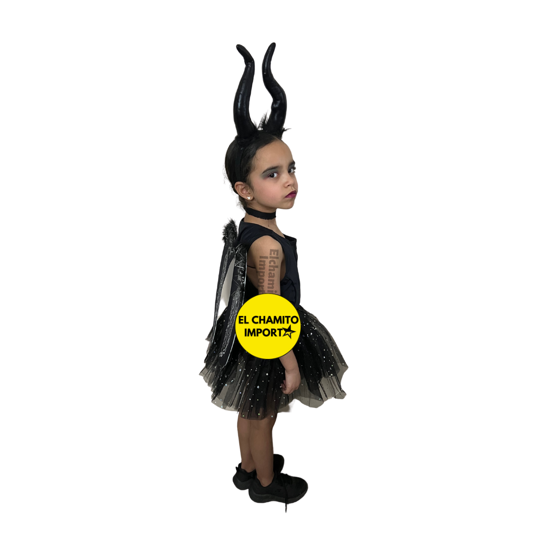 Disfraz Maléfica Niña Tutú Glitter +cuernos + Alas Halloween