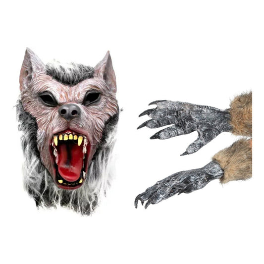 Mascara De Hombre Lobo + Guantes Color Gris Oscuro