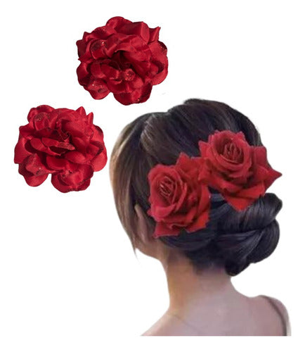 Set X2 Pinches De Flor Rosa Para Cabello Baile Huasa