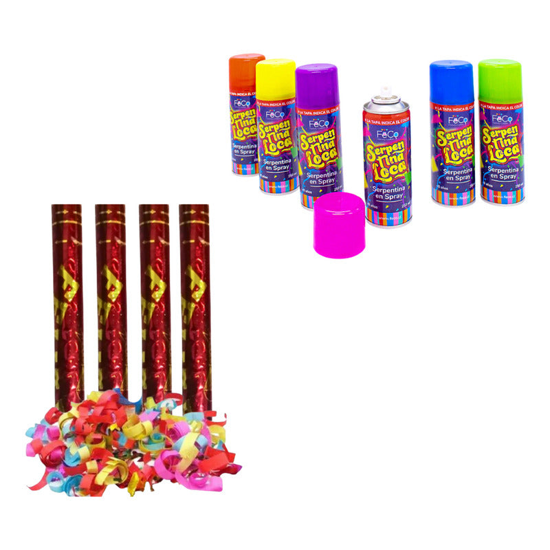 Pack 4 Lanza Confeti 60cm + 6 Serpentina Cotillón Año Nuevo