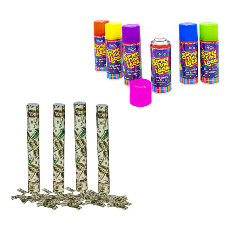 Pack Lanza Confeti Dolar + Serpentina Cotillon Año Nuevo