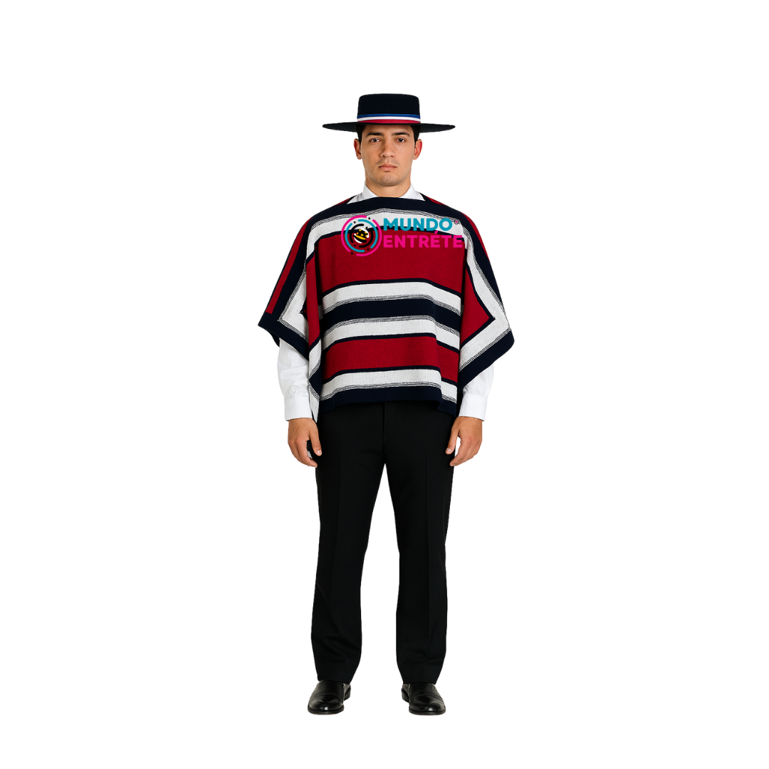 Manta Poncho  Huaso Juvenil - Adulto + Sombrero Rojo Rayas 90x60