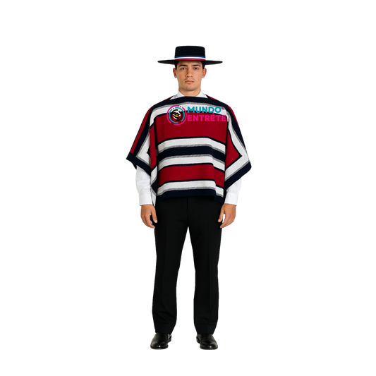Manta Poncho  Huaso Juvenil - Adulto + Sombrero Rojo Rayas 90x60