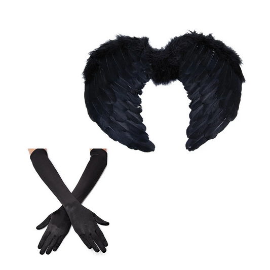 Set Angel Negro/blanco Alas Plumas + Guantes