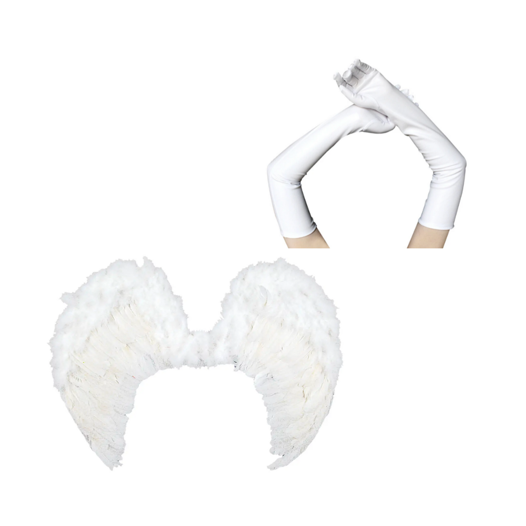 Set Angel Negro/blanco Alas Plumas + Guantes