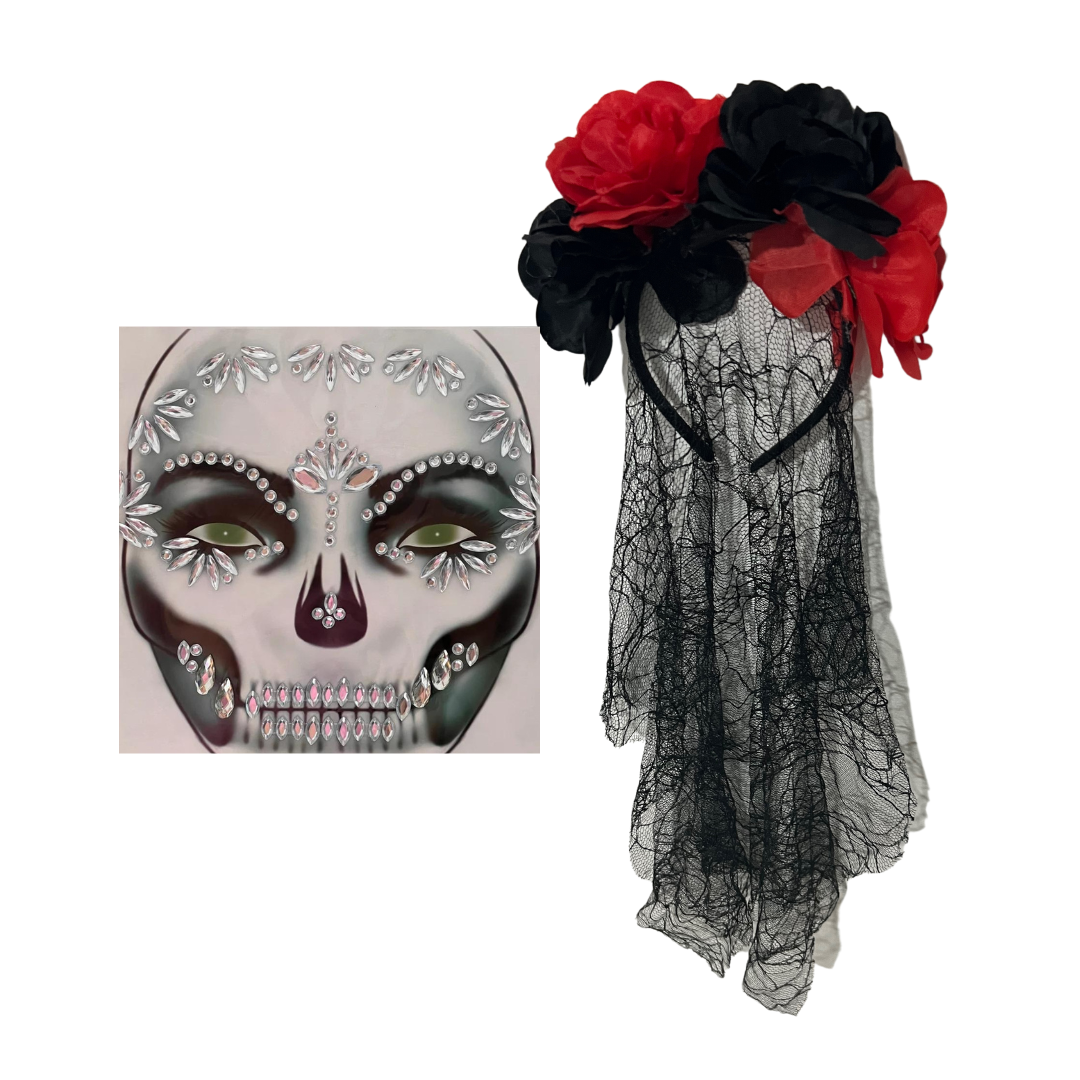 Set Cintillo Catrina+accesorios Brillantes Rostro Hallloween